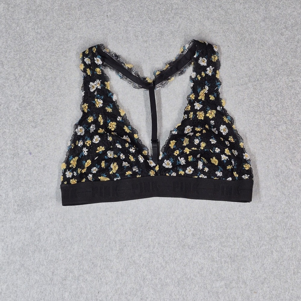 Victoria's Secret PINK Women Bra Large Black Floral Lace Bralette Wireless